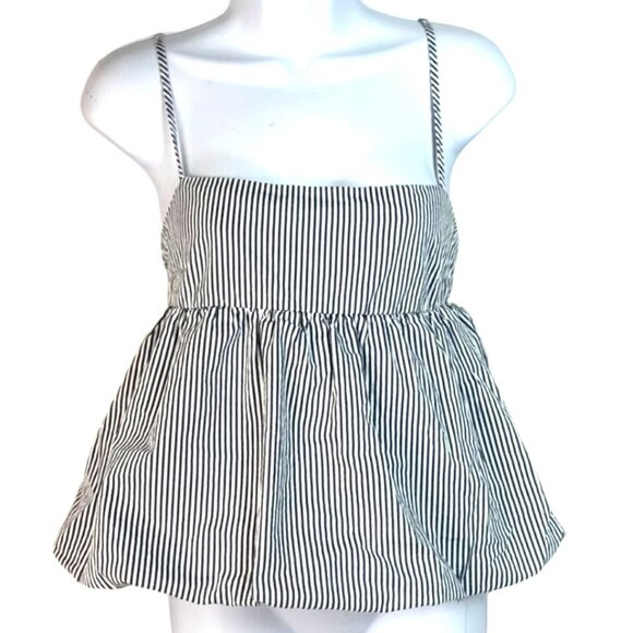 Derek Heart White Navy Striped Poplin Bubble Babydoll Peplum Tank Top Size M - Picture 1 of 7